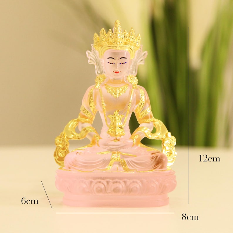 Statue de Bouddha Amitayus en verre Liuli : Décor d'autel tibétain
