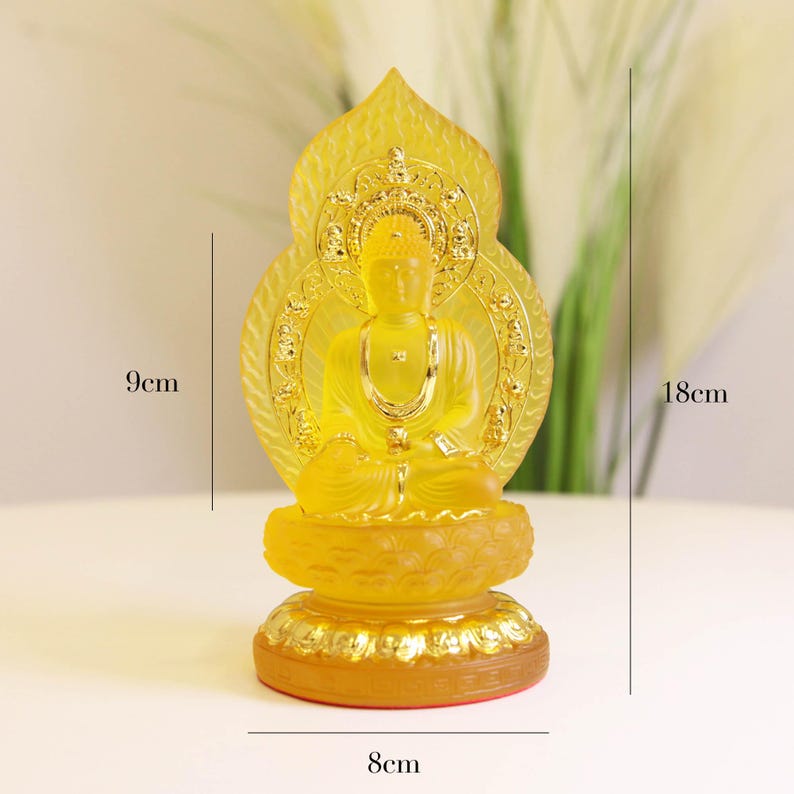 Statue de Bouddha Amitabha en résine, Bouddha bouddhiste de culte pour salon et maison, Ornements des Trois Trésors du Temple pour protéger la paix
