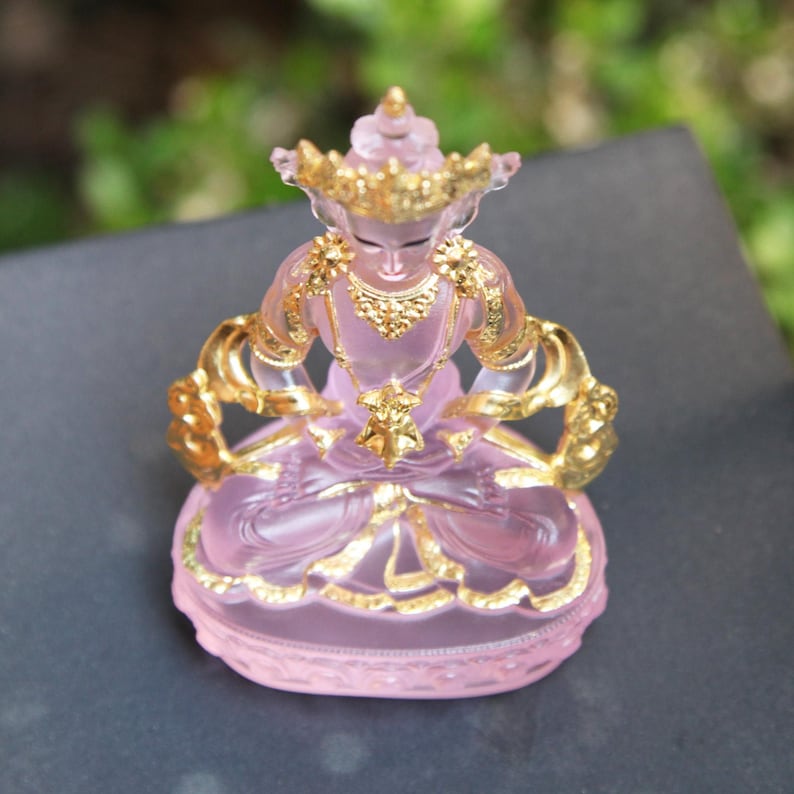 Statue de Bouddha Amitayus en verre Liuli : Décor d'autel tibétain