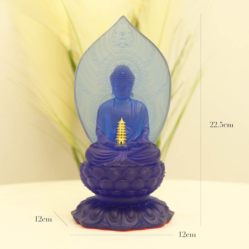 Colored Resin Medicine Buddha Statue - Home Temple Decor (8.86inch), Gilded Background Lotus Base, Home Ornament, Gift for Mother, Gift Idea