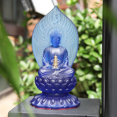 Colored Resin Medicine Buddha Statue - Home Temple Decor (8.86inch), Gilded Background Lotus Base, Home Ornament, Gift for Mother, Gift Idea