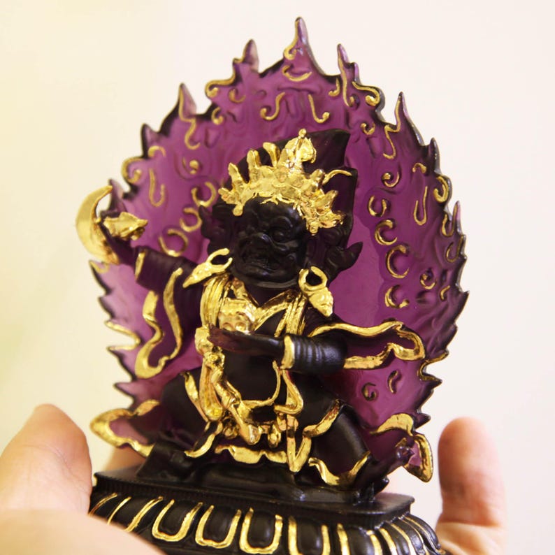 Guardian of Abundance: Two-Armed Mahakala Glass Statue - A Powerful Altar Centerpiece for Home Blessings