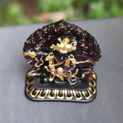 Guardian of Abundance: Two-Armed Mahakala Glass Statue - A Powerful Altar Centerpiece for Home Blessings