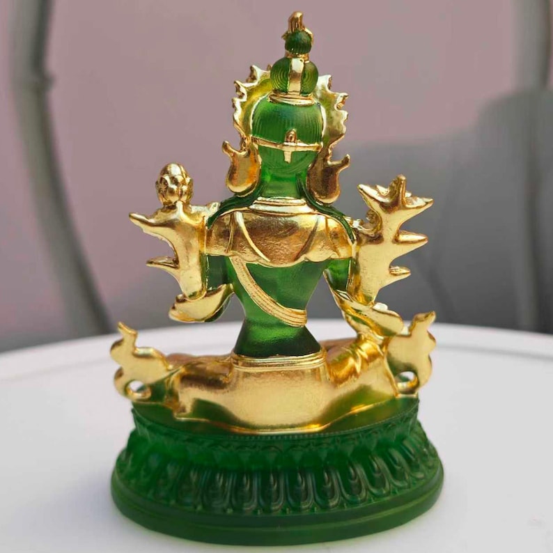 Gilded Green Glass Tara Statue, Ancient Glass Art, Tibetan Buddhist Altar Piece, Gift for Mom, Gift Favors