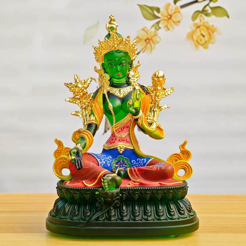 Gilded Green Glass Tara Statue, Ancient Glass Art, Tibetan Buddhist Altar Piece, Gift for Mom, Gift Favors