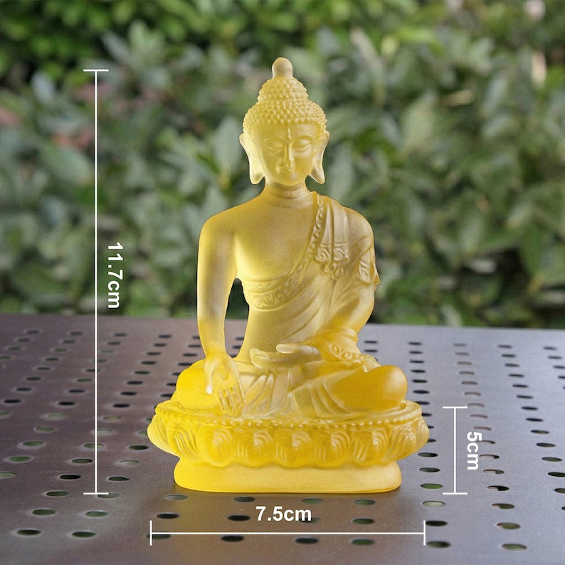 Ancient Liuli Medicine Buddha Seven Buddhas Statue Set – Tibetan Esoteric Bhaisajyaguru Glass Figurine, Home Altar Worship & Spiritual Decor