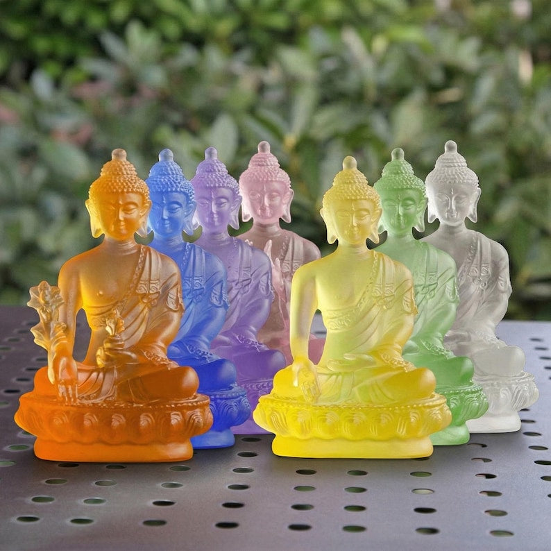 Ancient Liuli Medicine Buddha Seven Buddhas Statue Set – Tibetan Esoteric Bhaisajyaguru Glass Figurine, Home Altar Worship & Spiritual Decor