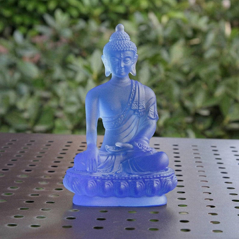 Ancient Liuli Medicine Buddha Seven Buddhas Statue Set – Tibetan Esoteric Bhaisajyaguru Glass Figurine, Home Altar Worship & Spiritual Decor