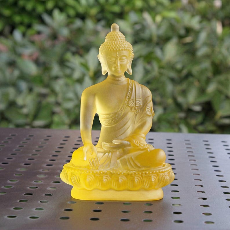 Ancient Liuli Medicine Buddha Seven Buddhas Statue Set – Tibetan Esoteric Bhaisajyaguru Glass Figurine, Home Altar Worship & Spiritual Decor