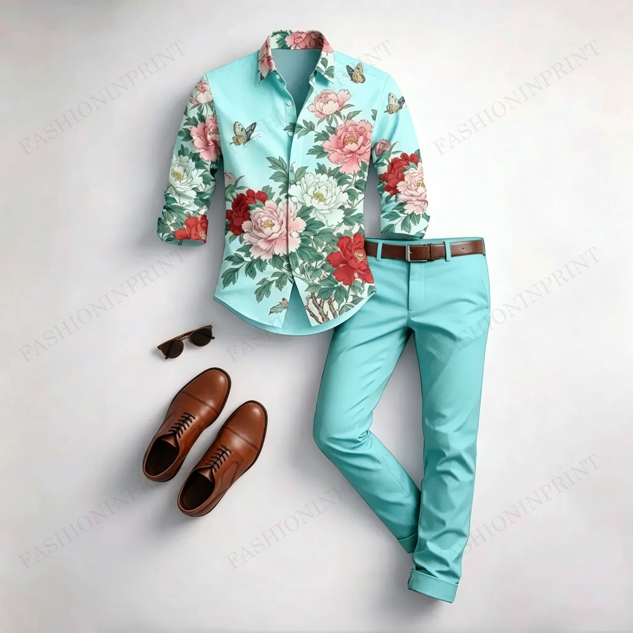 Men's Casual White Floral Print Long-Sleeved Shirt And Trousers Two-Piece Set