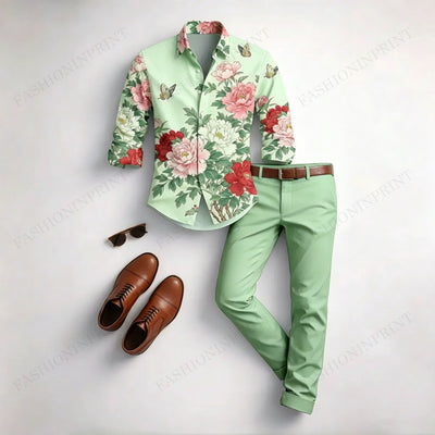 Men's Casual White Floral Print Long-Sleeved Shirt And Trousers Two-Piece Set