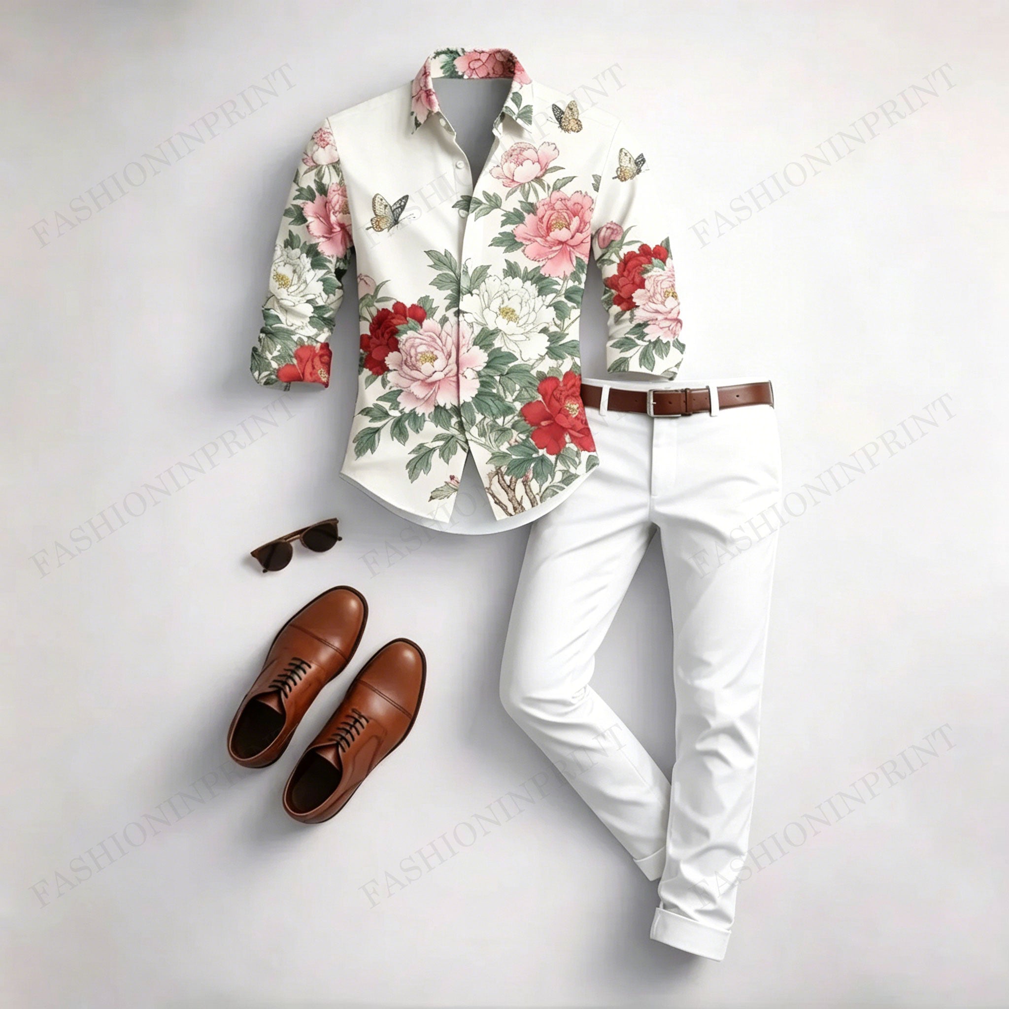 Men's Casual White Floral Print Long-Sleeved Shirt And Trousers Two-Piece Set