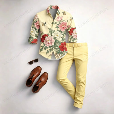 Men's Casual White Floral Print Long-Sleeved Shirt And Trousers Two-Piece Set
