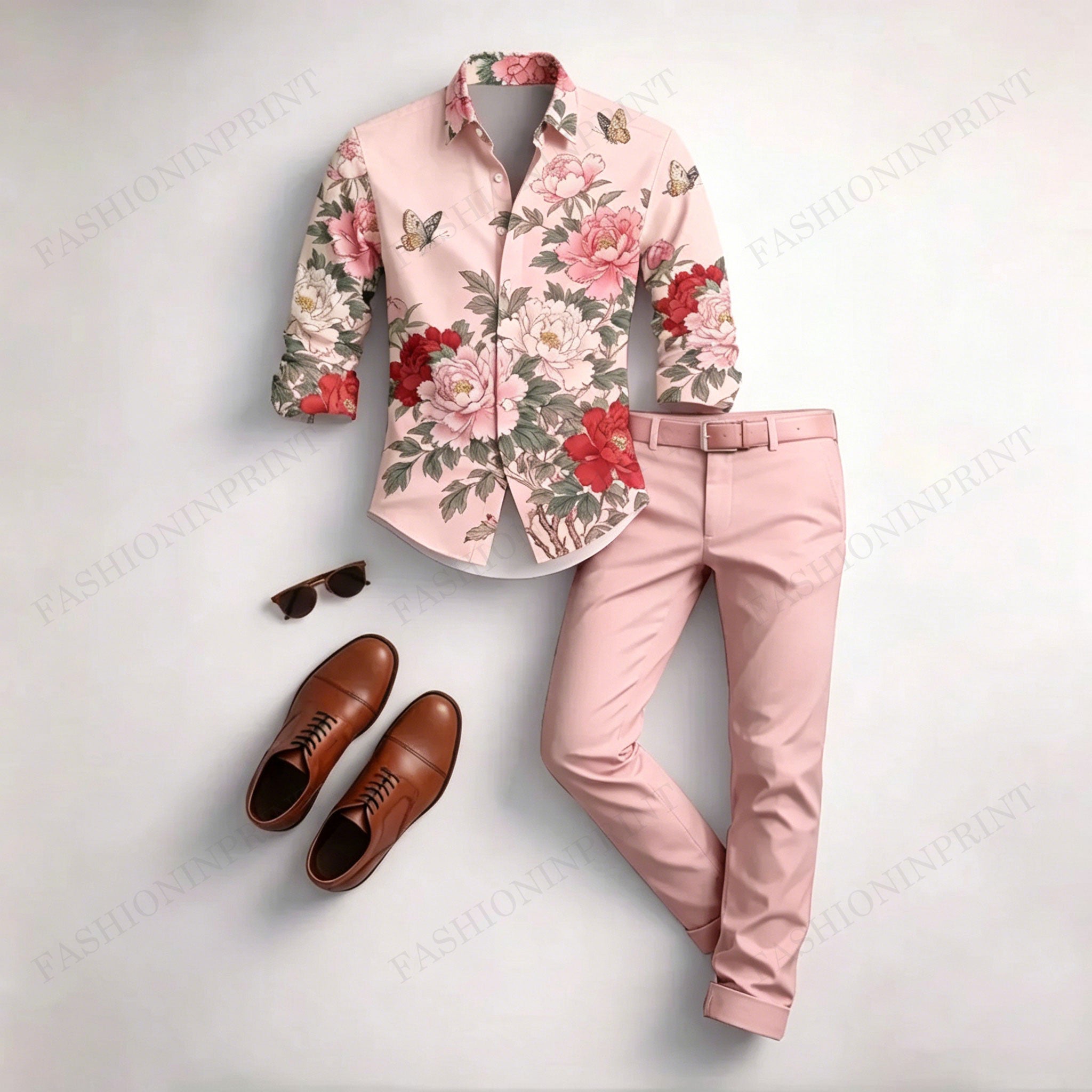 Men's Casual White Floral Print Long-Sleeved Shirt And Trousers Two-Piece Set