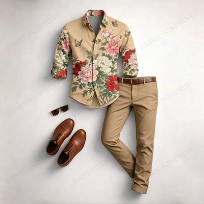 Men's Casual White Floral Print Long-Sleeved Shirt And Trousers Two-Piece Set