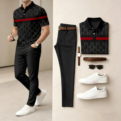 Men's Casual Grey Plaid Printed Polo Shirt And Pants Two-Piece Set