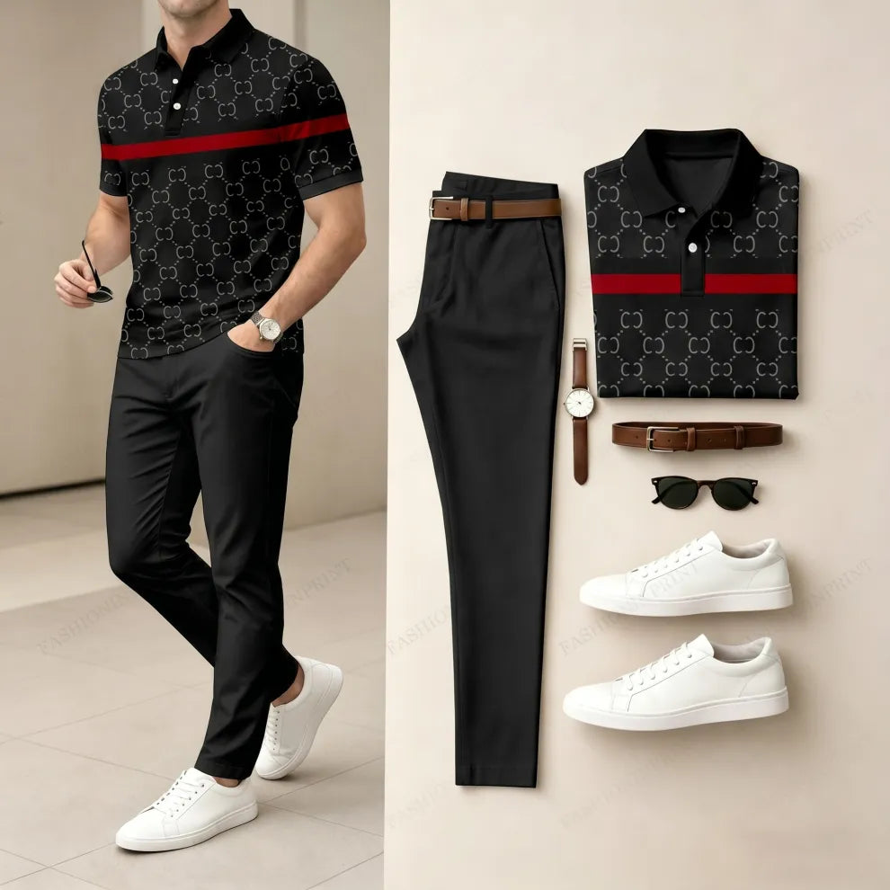 Men's Casual Grey Plaid Printed Polo Shirt And Pants Two-Piece Set