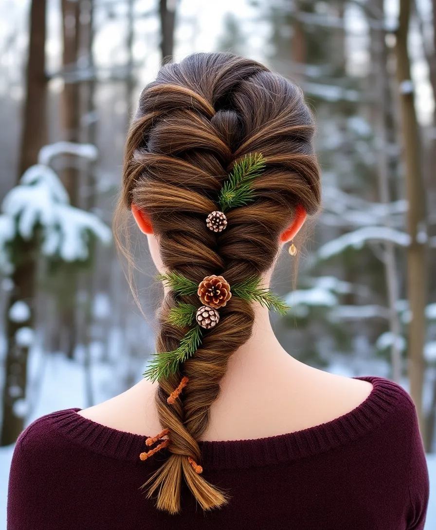 25 Christmas Hairstyles That Will Make You the Star of Every Holiday Party! - 16. Fishtail Braid with Pinecones