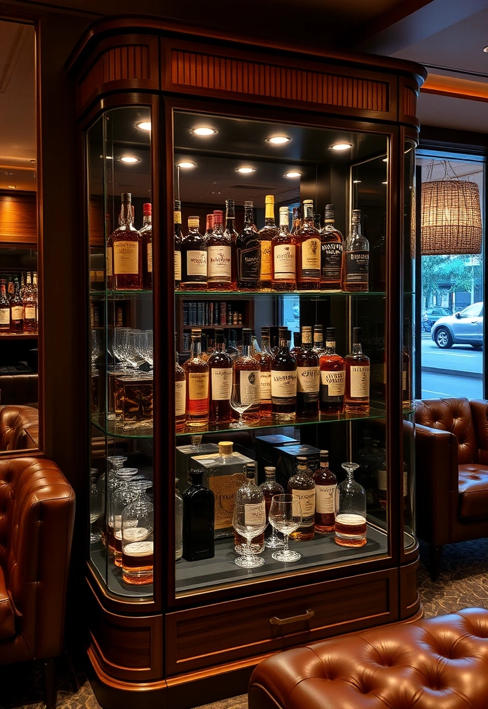 28 Dram-atic Whisky Lounge Room Ideas That'll Elevate Your Home Decor Game! - 2. Elegant Glass Display Cabinet