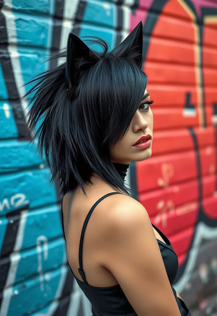 25 Black Wolf Cut Ideas for Women That Will Make Heads Turn! - 10. Asymmetrical Black Wolf Cut