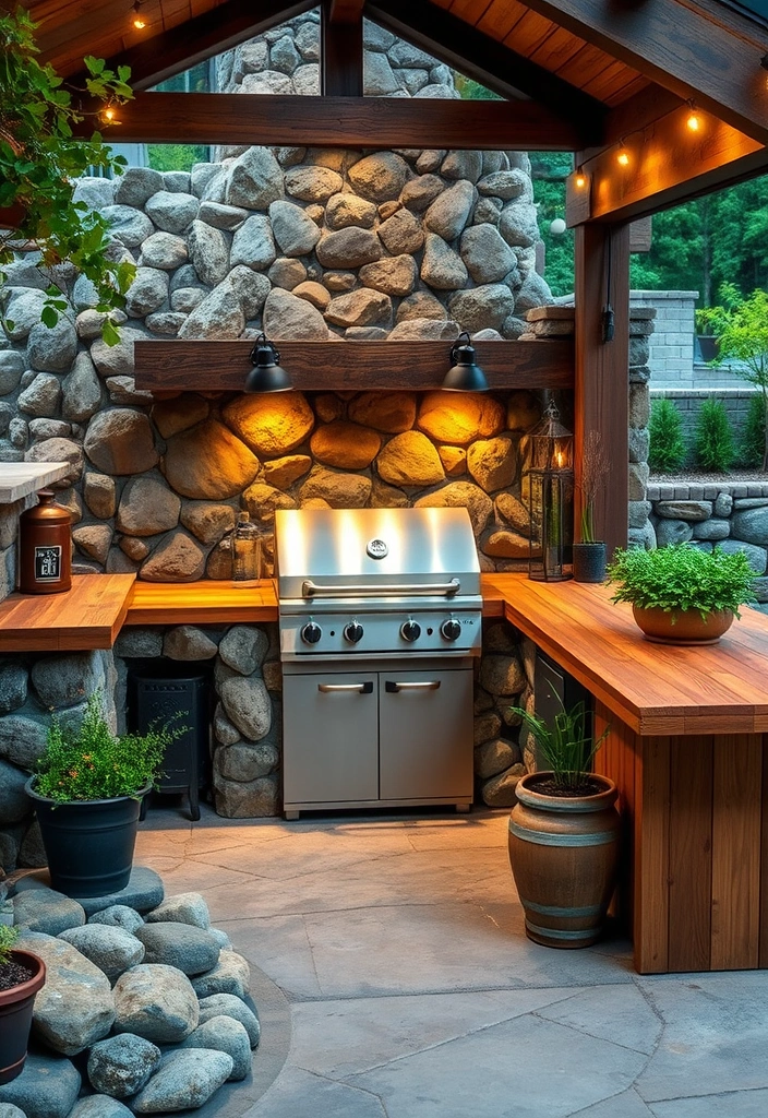 26 River Rock Landscaping Ideas That Will Transform Your Outdoor Space! - 11. Create a Rustic Outdoor Kitchen