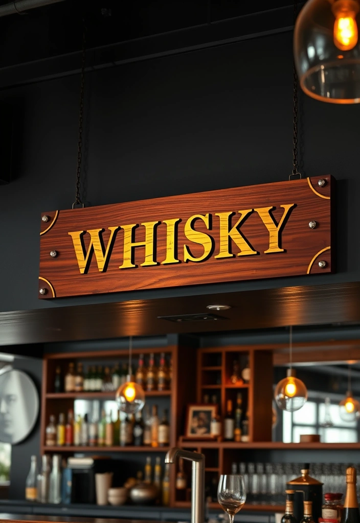 28 Dram-atic Whisky Lounge Room Ideas That'll Elevate Your Home Decor Game! - 9. Customized Whisky Bar Sign