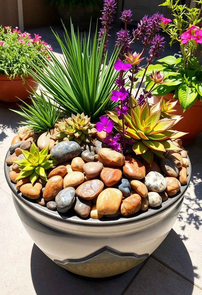 26 River Rock Landscaping Ideas That Will Transform Your Outdoor Space! - 10. Add River Rocks to Planters