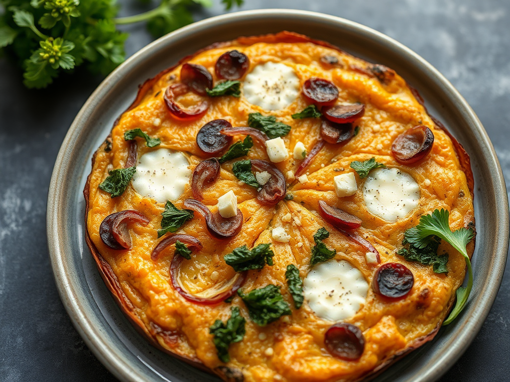 Image for Kale and Sweet Potato Frittata with Caramelized Onions and Gouda Cheese: