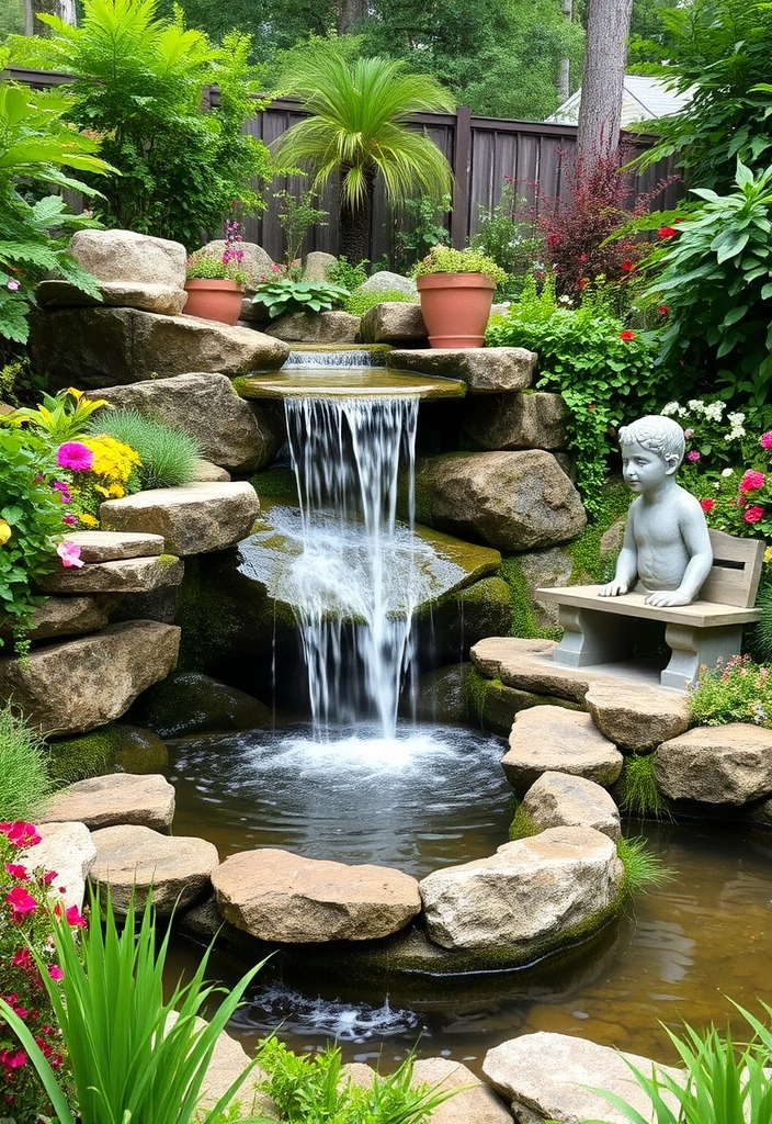 25 Small Garden Waterfalls Ideas That Will Transform Your Backyard into a Paradise! - 18. Waterfall with Seating Area