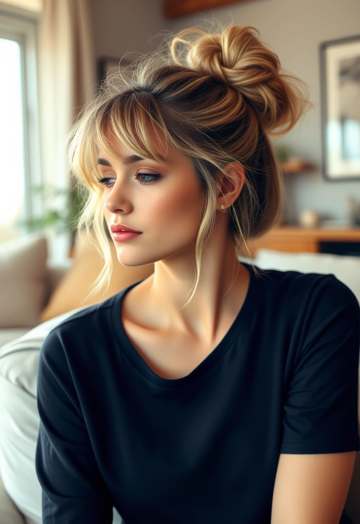 25 Beautiful Hairstyles With Wispy Bangs That Will Make Heads Turn! - 18. Casual Messy Bun