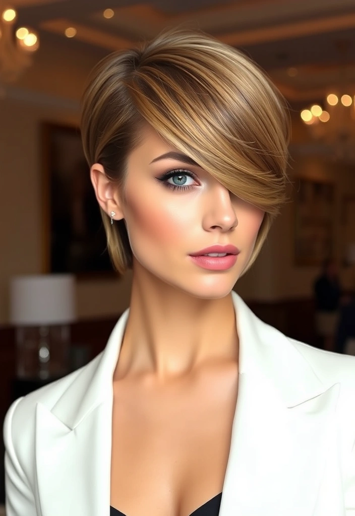 24 Whimsical Long Pixie Bob Ideas That Will Transform Your Look! - 4. Sleek and Polished with Side-Swept Bangs