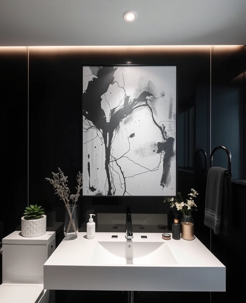 26 Stunning Black And White Bathroom Designs That Will Leave You Speechless! - 22. Custom Artwork