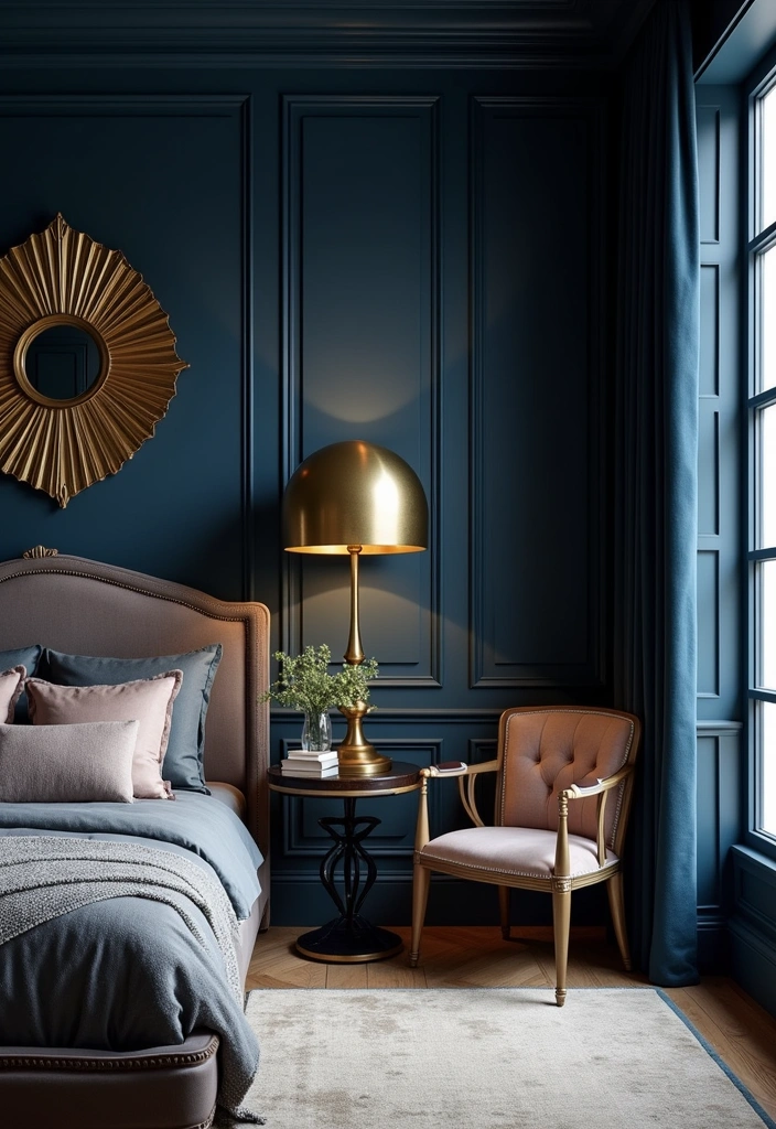 20 Dark Blue Bedroom Ideas That'll Transform Your Space Into a Cozy Retreat! - 11. Dark Blue with Metallic Finishes