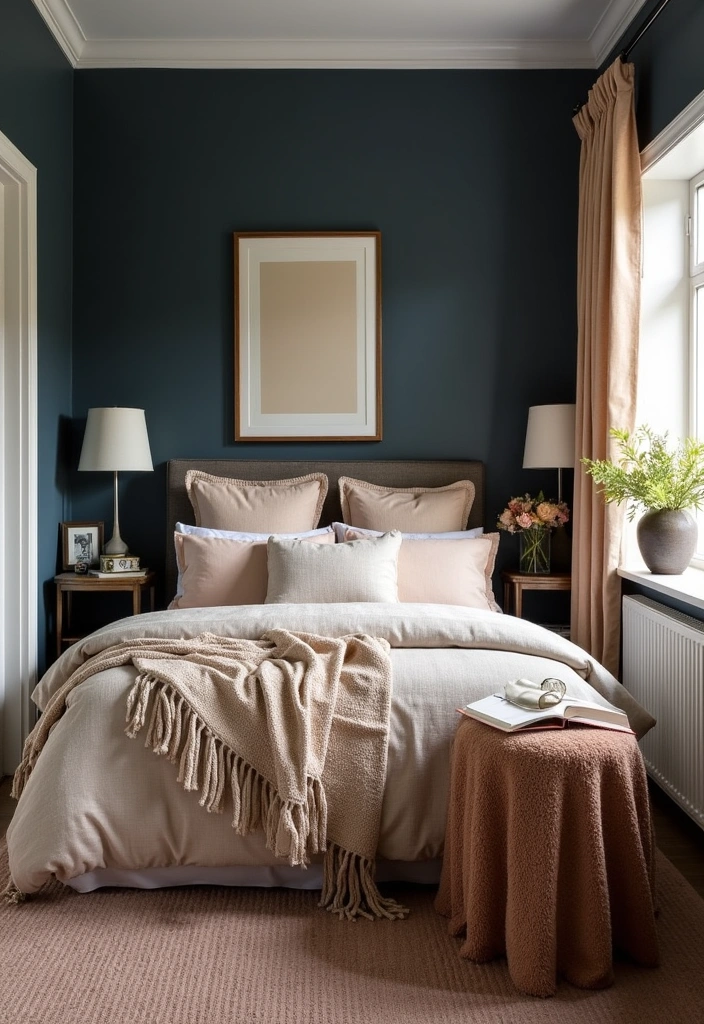 20 Dark Blue Bedroom Ideas That'll Transform Your Space Into a Cozy Retreat! - 12. Dark Blue and Warm Neutrals