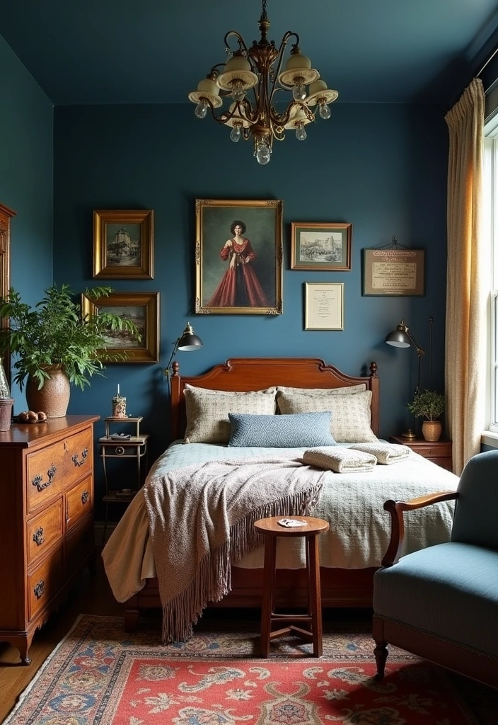 20 Dark Blue Bedroom Ideas That'll Transform Your Space Into a Cozy Retreat! - 14. Dark Blue With Vintage Charm