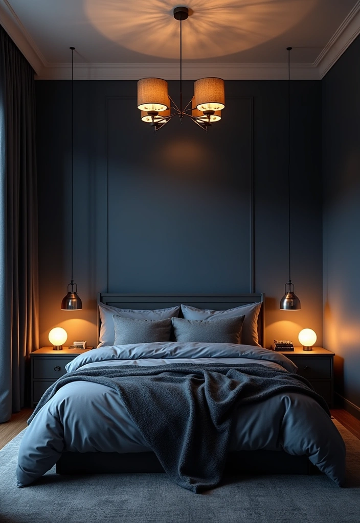 20 Dark Blue Bedroom Ideas That'll Transform Your Space Into a Cozy Retreat! - 16. Dark Blue with Layered Lighting