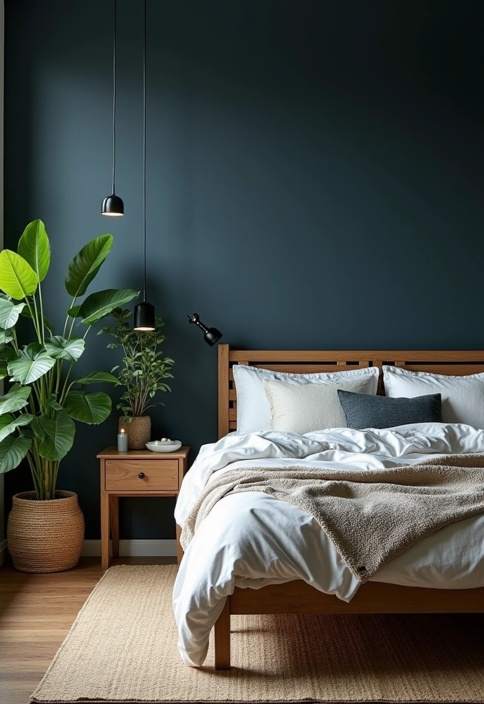 20 Dark Blue Bedroom Ideas That'll Transform Your Space Into a Cozy Retreat! - 17. Dark Blue and Nature-Inspired Decor