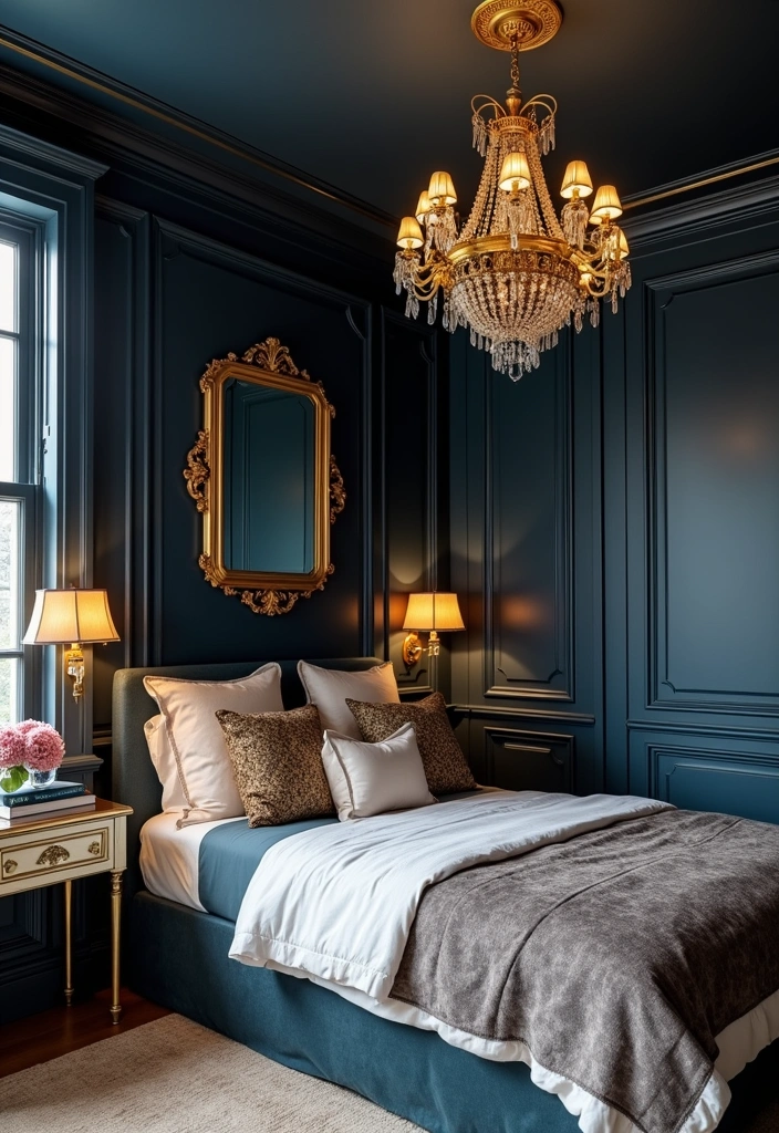 20 Dark Blue Bedroom Ideas That'll Transform Your Space Into a Cozy Retreat! - 3. Dark Blue and Gold Accents