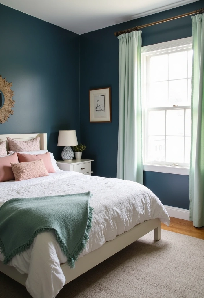 20 Dark Blue Bedroom Ideas That'll Transform Your Space Into a Cozy Retreat! - 4. Dark Blue with Soft Pastels