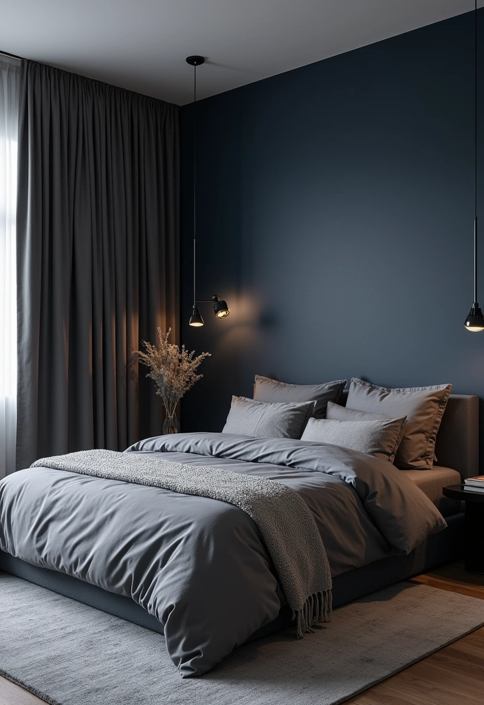 20 Dark Blue Bedroom Ideas That'll Transform Your Space Into a Cozy Retreat! - 9. Dark Blue and Gray Sophistication