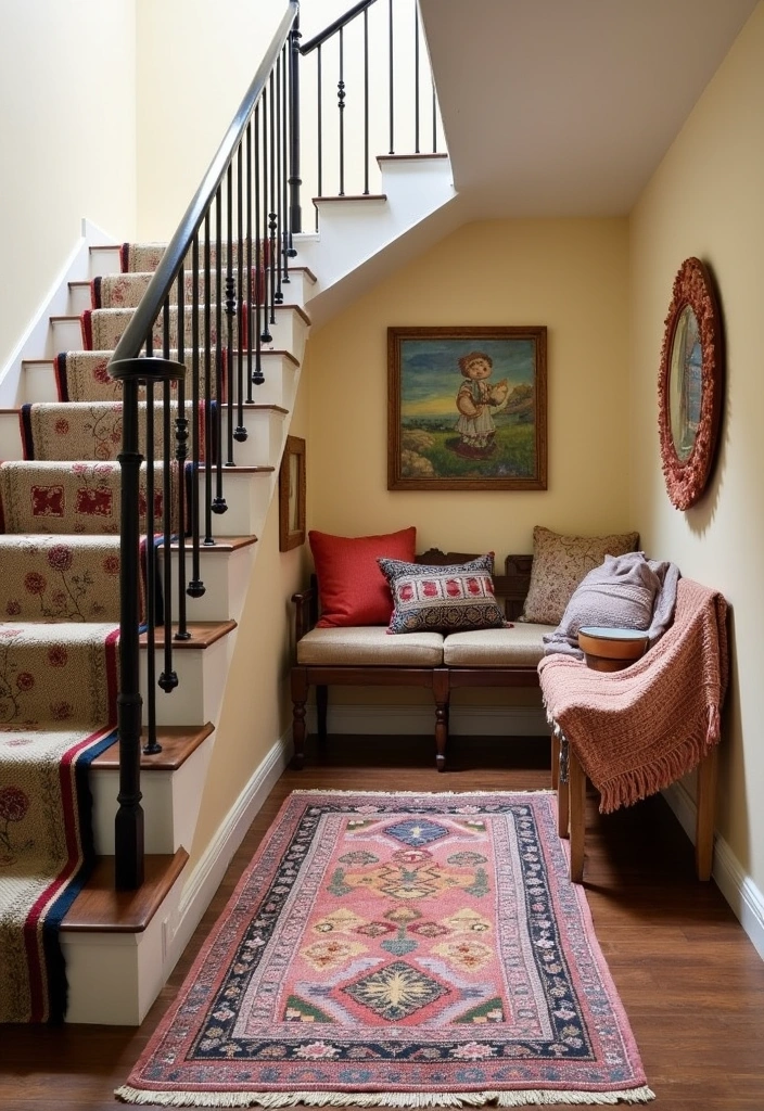 22 Basement Stairwell Ideas That Will Transform Your Space into a Stunning Entryway! - 20. Layered Textiles