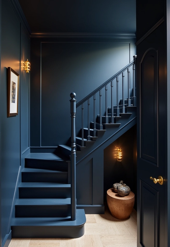 22 Basement Stairwell Ideas That Will Transform Your Space into a Stunning Entryway! - 21. Dark and Dramatic