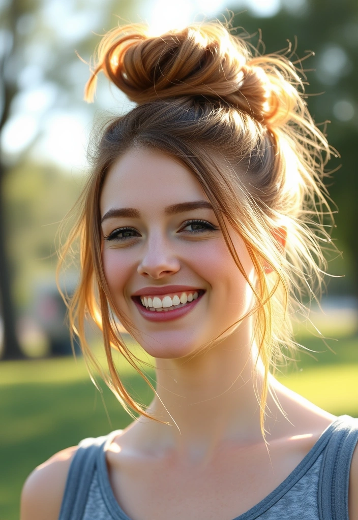 15 Spicy Hairstyles for Ginger Brown Hair That Will Turn Heads! - 5. Messy Bun with Strands