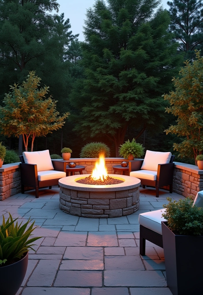 24 Outdoor Fire Pit Seating Area Ideas That'll Make Your Backyard the Place to Be! - 10. Elegant Stone Patio with Fire Pit