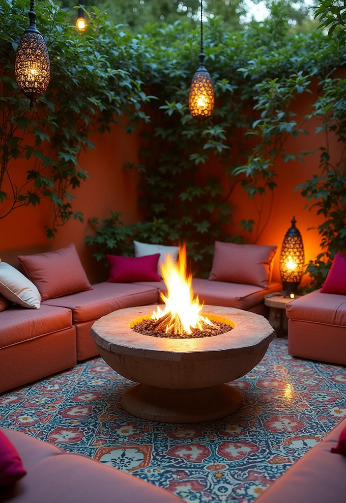 24 Outdoor Fire Pit Seating Area Ideas That'll Make Your Backyard the Place to Be! - 18. Colorful Moroccan Style Fire Pit Area