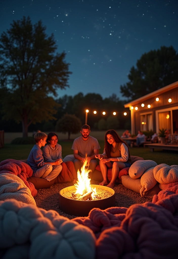 24 Outdoor Fire Pit Seating Area Ideas That'll Make Your Backyard the Place to Be! - 20. Fire Pit Surrounded by Cozy Blankets and Pillows