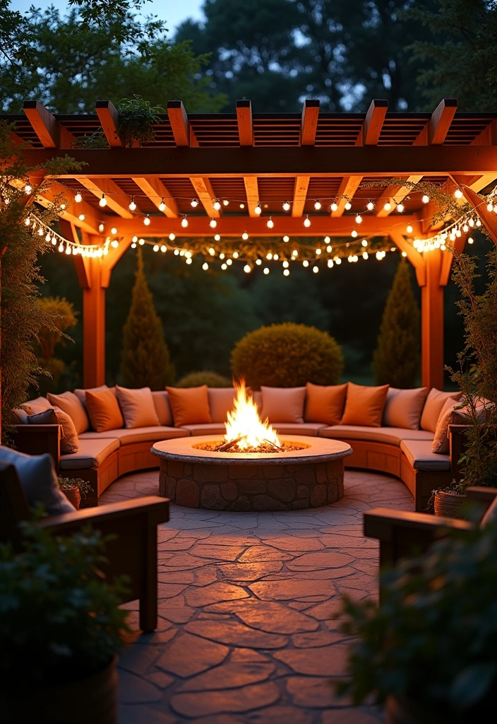 24 Outdoor Fire Pit Seating Area Ideas That'll Make Your Backyard the Place to Be! - 21. Fire Pit with Pergola for Shade and Ambiance