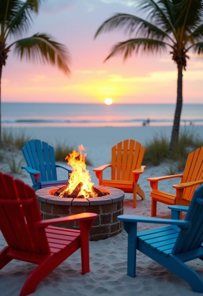 24 Outdoor Fire Pit Seating Area Ideas That'll Make Your Backyard the Place to Be! - 8. Coastal Vibes with Adirondack Chairs