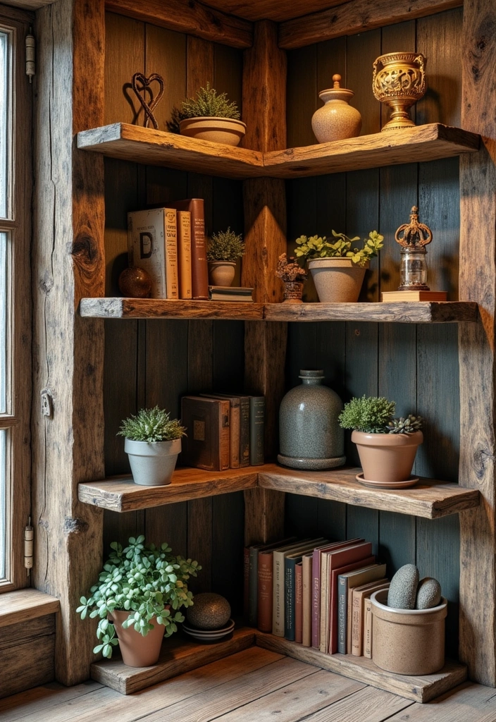 26 Corner Bookshelf Ideas That Will Transform Your Space! - 1. Rustic Wooden Corner Bookshelf