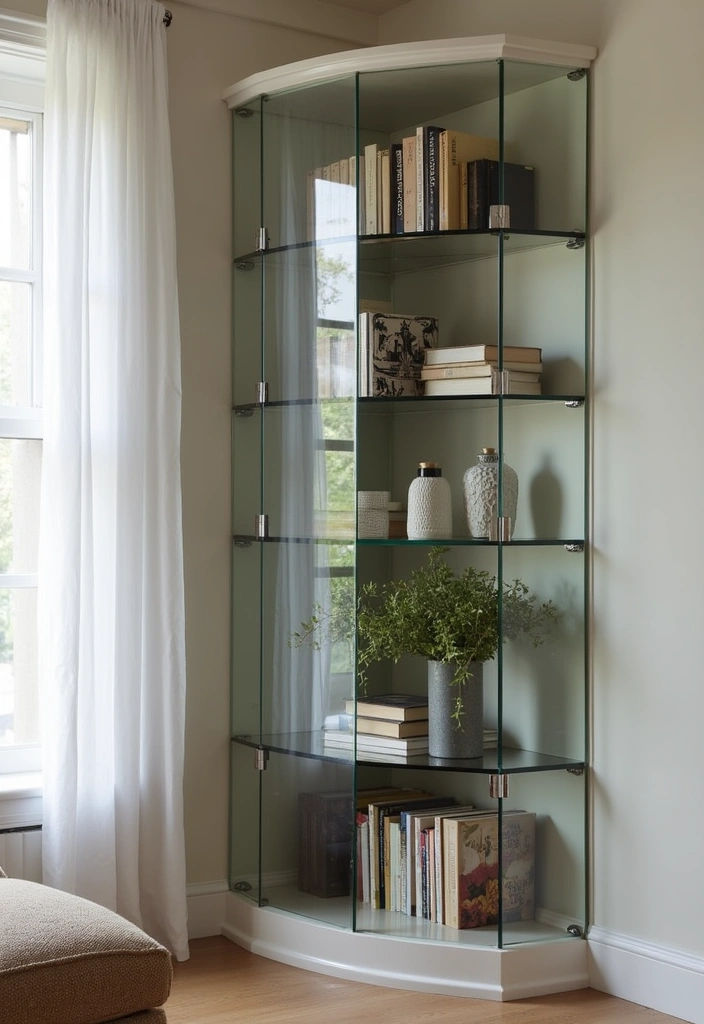 26 Corner Bookshelf Ideas That Will Transform Your Space! - 13. Glass Corner Bookshelf